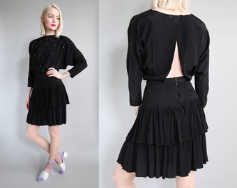 Vtg 80s Black Open Back Cocktail Dress w/ Rhinestones sz XS/S