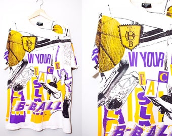 Vintage 1980's Pop Art Basketball All Over Print Slam Dunk Shirt | Size XL