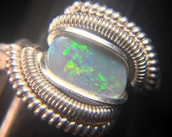Sterling Silver Wire Wrapped Australian Opal Ring, Heady Wire Wrapped Ring, Wire Wrapped Opal, Opal Wire Wrap, Heady Wire Wrap, Heady Ring