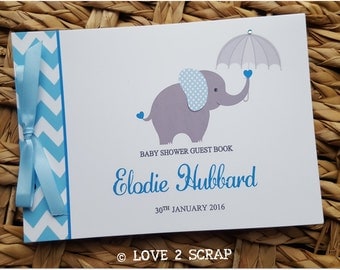 A5 Personalised "Elephant" Baby Shower Guest Book - Christening - Birthday - Pink - Blue- Yellow Chevron - FREE POSTING to UK