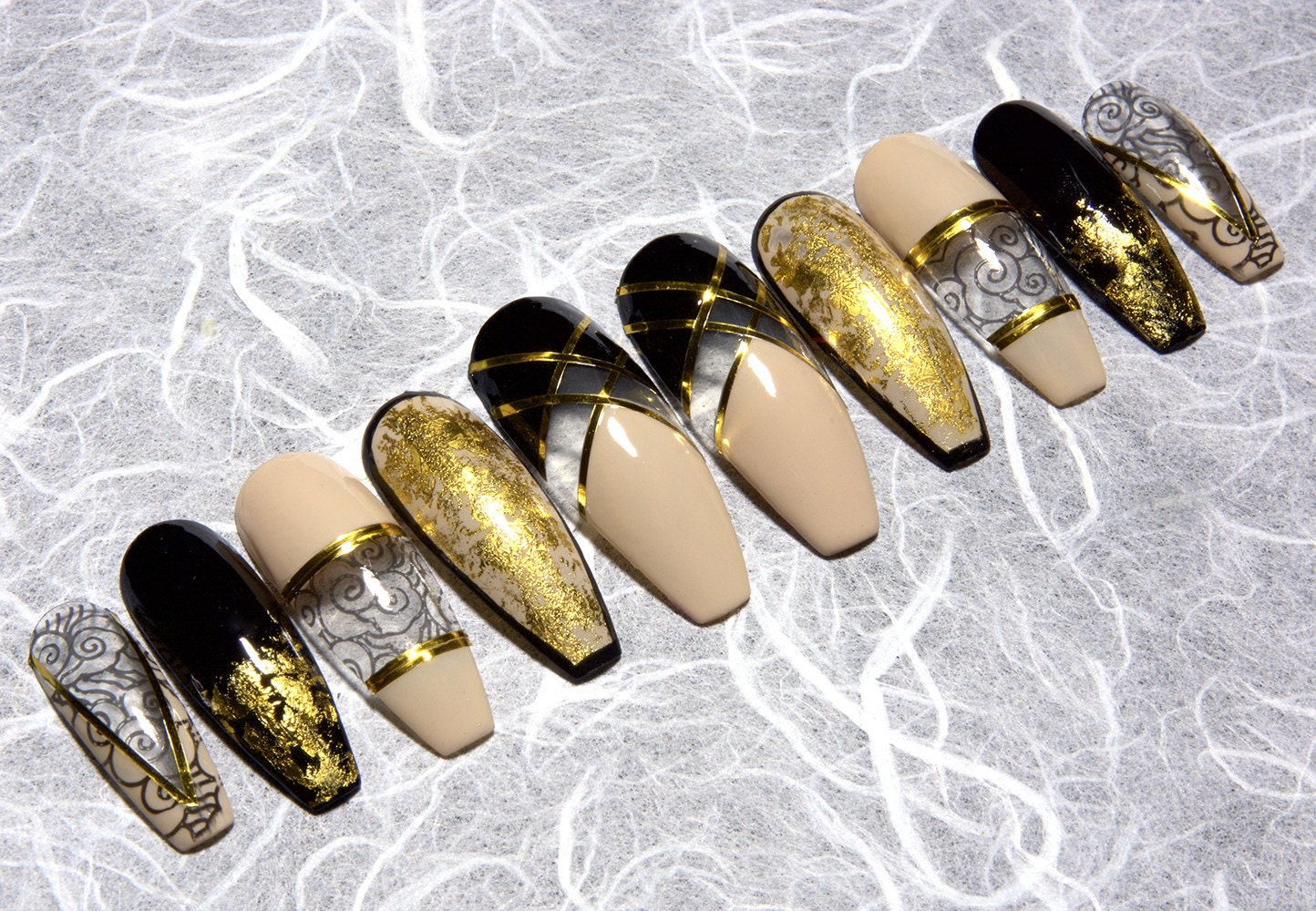 Black and Gold Fake Nails | Coffin Nails | Press On Nails | Available ...
