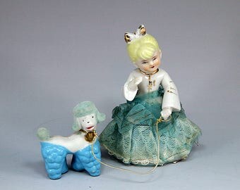 Girl with Poodle, Vintage Blonde Girl, Cottage Chic, Gift for Her, Gift for Mom, Birthday Gift, Home Décor, Housewarming Gift, Retro Figure