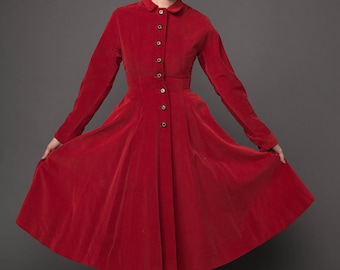 Stunning 50's Princess Coat Red Velvet Madeleine Fauth Fit Flare Satin Lining Nipped Waist Full Skirt XS Small Single Breasted