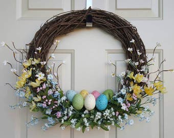 Easter Wreath | Spring Wreath | Easter Egg Wreath | Floral Easter Wreath | Pastel Floral Wreath | Grapevine Easter Wreath | Floral Spring