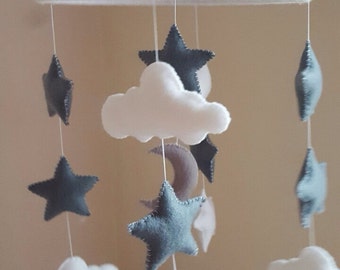 baby mobile, stars and cloud baby mobile, unisex grey and white felt nursery mobile