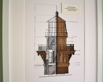 Lighthouse Blueprint, Wood Cut, Nautical decor, Lighthouse Decor, Blueprint Wall Art, Cape Hatteras Lighthouse, Seaside Decor, 8x10 or A4