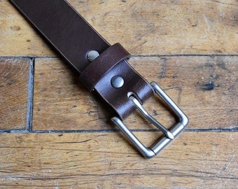Classic Men's Leather Belt (Brown). Handmade in the USA. Silver Plated Brass Buckle. Full Grain, Veg Tanned Leather, Free Personalization.