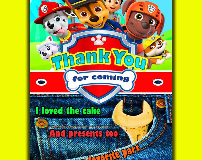 Paw patrol invitation jeans paw patrol invite paw patrol birthday paw patrol invites paw patrol party SALE free thank you card free backside