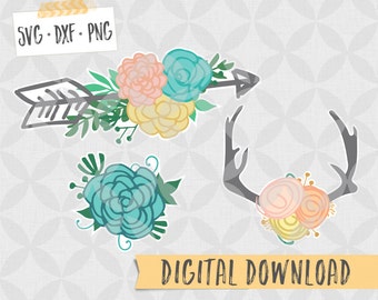 Floral Antlers and floral arrow - SVG DXF PNG Digital Download - Flowers with Antlers - Farmhouse svg, arrows and antlers, arrow flower svg