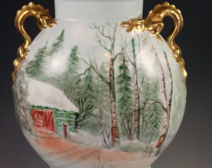 Vintage Snowscape Artist Signed Pouyat Limoges Pillow Vase With Gilt Dragon Handles!