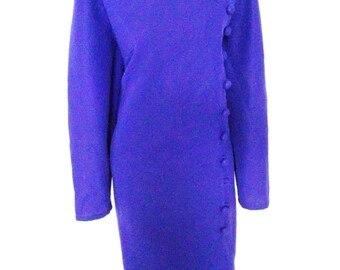 Vintage 70s 80s Button New Wave Power Dress Purple L