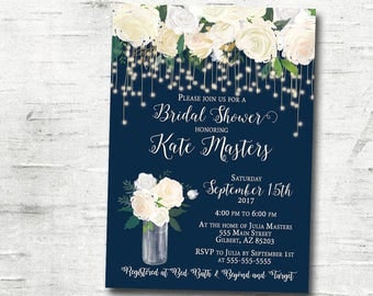Navy Cream White Bridal Shower Invitation Roses Floral Greenery String Lights Mason Natural Rustic Printable or Printed Customized For You