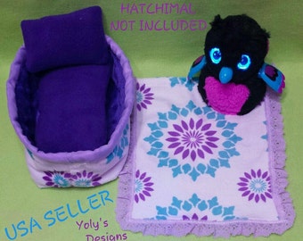 For Hatchimals GLITTER Hatching Toy Egg Handmade Clothes Dress 5 Pcs Purple/Aqua Set, Bed, Mattress, Pillow, Blanket and FREE Gift Surprice