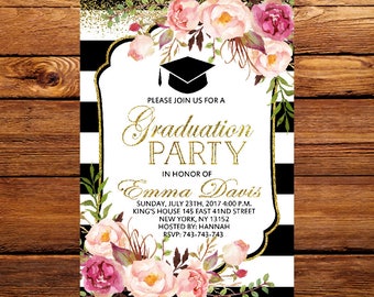 Graduation Invitation,Floral graduation invitation printable,Black and Gold Graduation Invitation,Black and White Stripe,Graduation Invite12