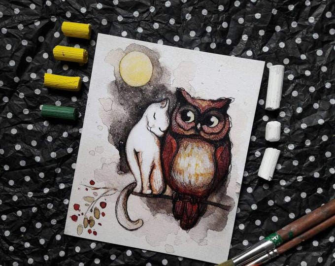 Cute LOVE card by Tatiana Boiko, cat and owl in love, gift, cure animals, moon, decor, lovely, nursery art, baby, kids, home