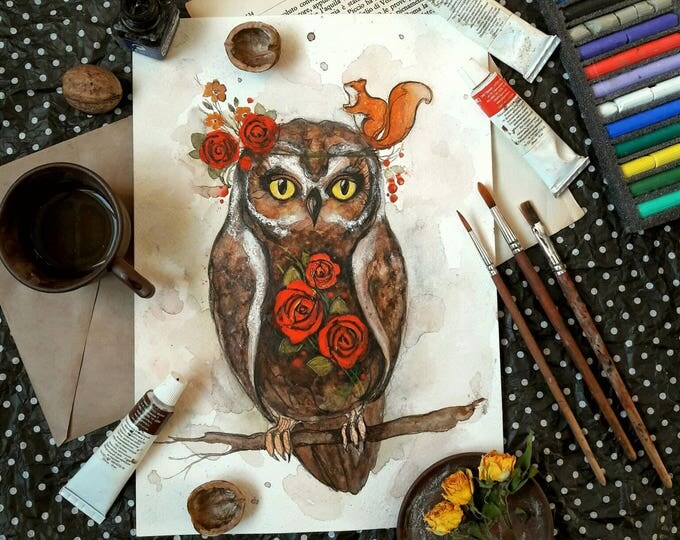 ORIGINAL painting by Tatiana Boiko Dea my Owl, nursery art, wall hanging, wall art, Russian art, wall decor, gift, home, baby, kids, roses
