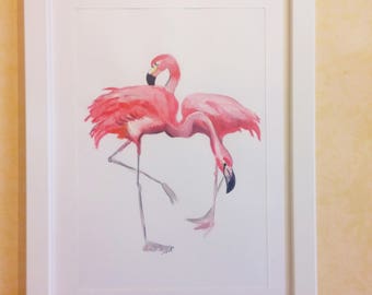 Cross-pink flamingos-handmade Design two pink flamingos-watercolor on paper with frame included