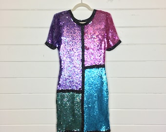 Vintage 1980s Colorblock Sequin Silk Party Dress / Made by Scarlet Rage / Magenta & Turquoise