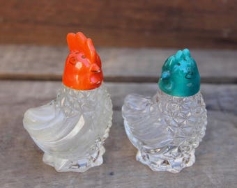 Glass Chicken - Glass Hen - 1950's Salt and Pepper Shakers - Rooster and Hen - Crystal Salt and Pepper - Chicken Salt and Pepper Shakers