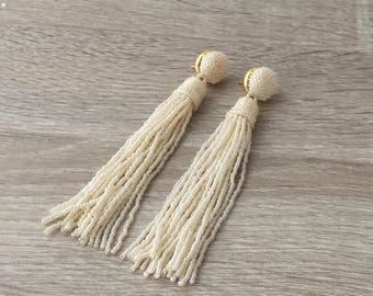 Ivory beaded tassel earrings, statement seed beads earrings, tassle earings, bridesmaid gift , bridal tassel earrings, wedding earrings