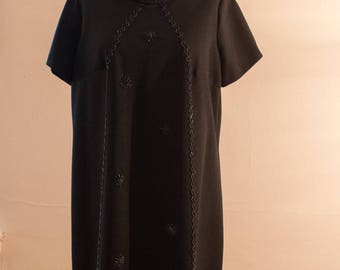 1960s Plus Size black shift dress with beading