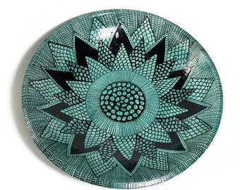 Large Serving Bowl with Doodle Design Turquoise and Black