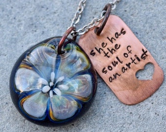 Glass Flower Pendant Boro Borosilicate Lampwork Necklace Lily Handstamped Tag- Soul of an Artist