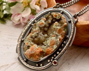 Ocean Jasper Necklace, Silver Statement Necklace, Druzy Necklace, Large Stone Pendant, Modern Rustic Metalwork, Handmade Artisan Jewelry