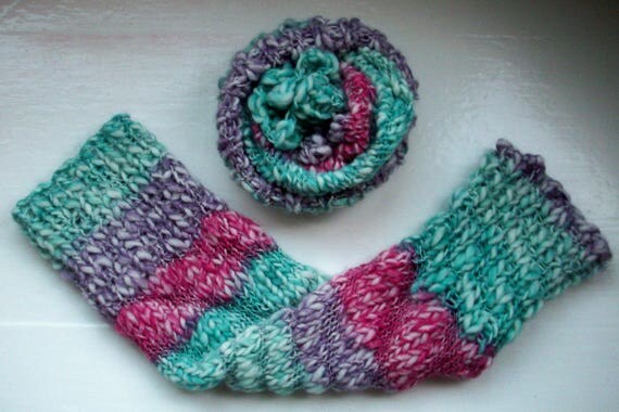 Chunky warm leg warmers, wool mix, textured, rich pink, green, purple by SpinningStreak