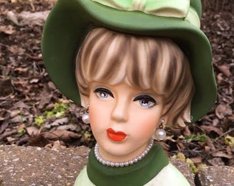 Vintage Lady Head Vase Napcoware C7495 Gorgeous Green Floppy Hat