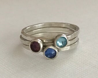 Personalized Birthstone Rings - New Mom Stacking Rings - Child's Birthstone Ring, Sterling Silver Ring - Mother's Ring -