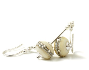 Cream Glass Earrings | Silvered Ivory Lampwork Earrings | Lampwork Glass Earrings with Sterling Silver | UK