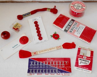 Vintage Red Sewing Notions Collection, Vintage Sewing Supplies, Red Buttons, Red Zipper