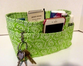 Purse Organizer Insert/Enclosed Bottom 4" Depth/ Lime Green and White