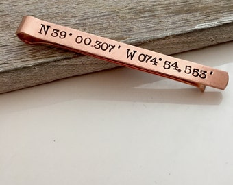 Personalized Copper Tie Clip - Men's Tie Bar - Custom Coordinates Tie Clip - Location - Copper Tie Bar - Valentine's gift for him