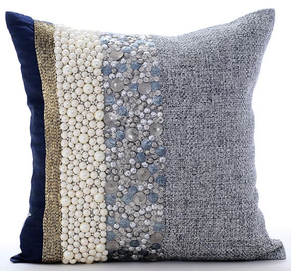 Navy Blue And Silver Cushion Covers 16x16 Silk