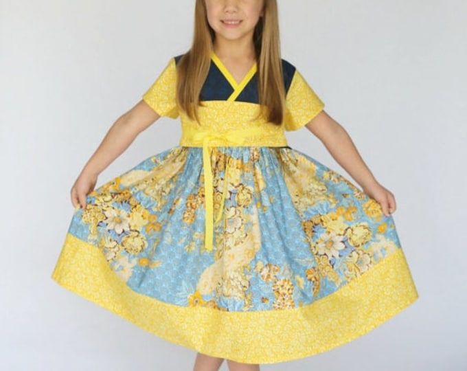 Little Girl Easter Dresses - Toddler Birthday Dress - Baby Clothes - Tween Dress - Blue and Yellow -Kids Kimono - 12 mos to 14 years