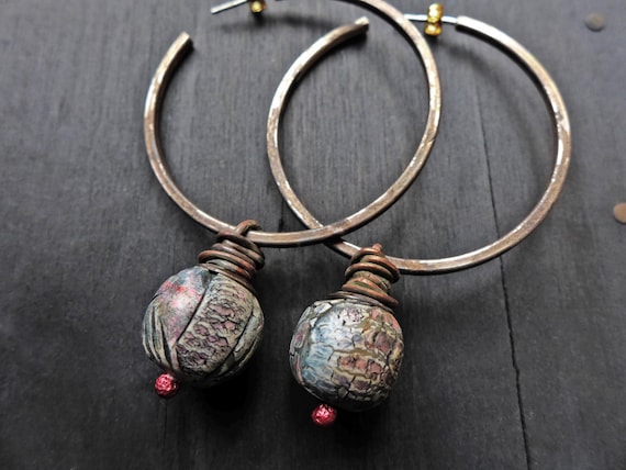 Sterling silver hoop earrings with polymer clay art beads- “Seeking Surrender”