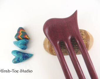 Hairfork Wave 3 Prong, Purple Heart Wood Hairforks ,Handmade Grahtoestudio,Man Bun,Gift for Her, Hair Fork, Hair Pick, Hair Stick,Hairsticks