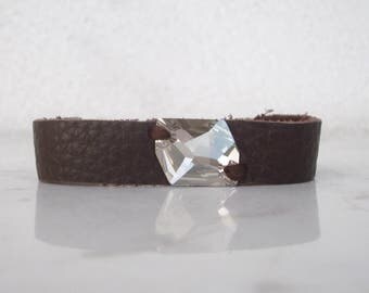 Crystal leather cuff bracelet, silver shade Swarovski armband, brown leather friendship bracelet, boho chic bracelet, minimal modern cuff