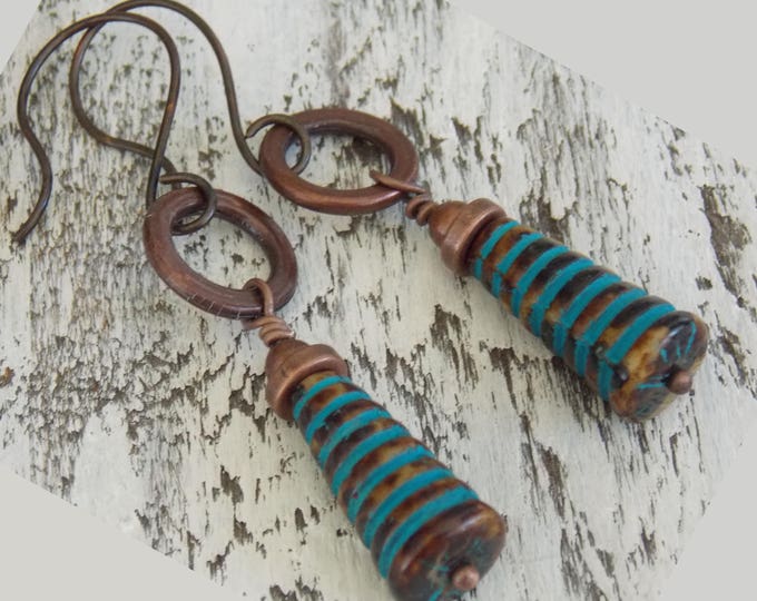 Blue Glass and Copper Bohemian Earrings Rustic Woodland Dangle Drop Czech Glass Boho Earrings