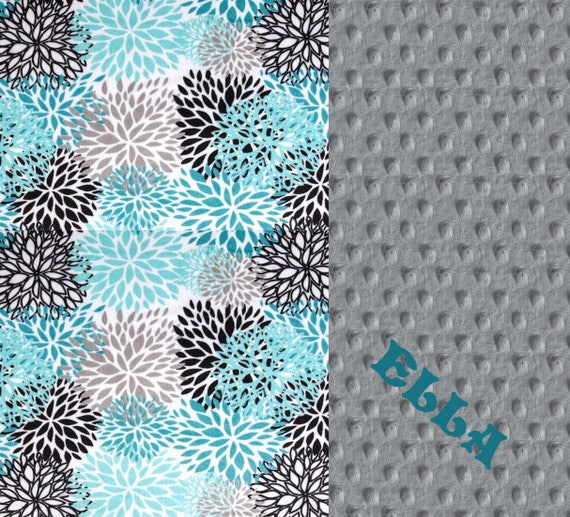 Floral Minky Blanket 60 x 70 Adult Minky Blanket, Teal Personalized Blanket / Flower Blanket / Teal Minky Throw Blanket / Twin Blanket