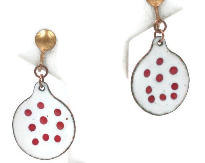 Enameled Copper Dangle Earrings Red Dots White Background Vintage Screw Back