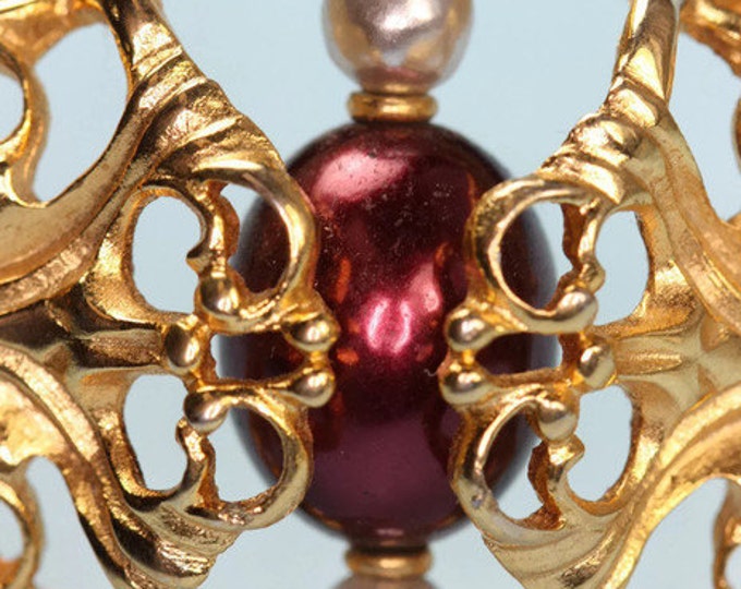 Large Faux Pearl Filigree Brooch Napier Diamond Shaped Burgundy Pearl Book Piece 1985 Worldly Temptations