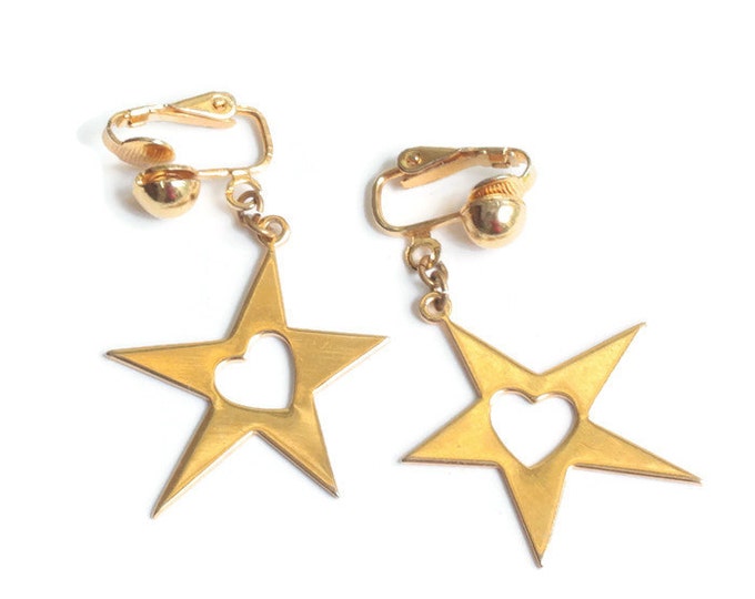 Star Dangle Earrings Heart Cut Out Gold Tone Clip On Vintage