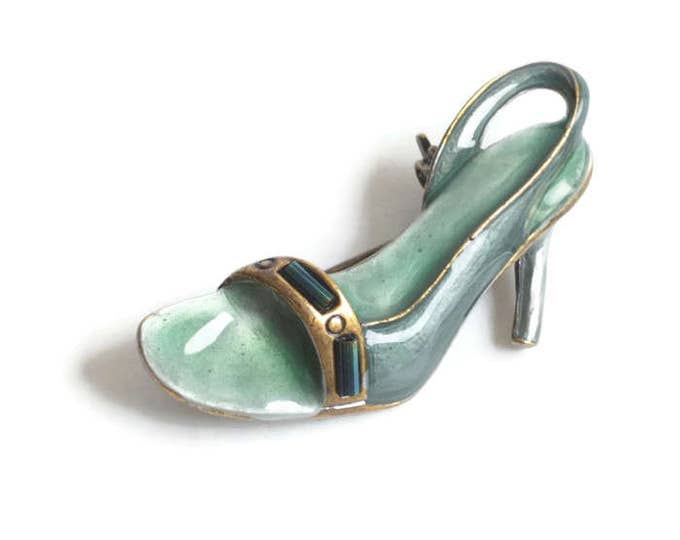 Enameled High Heel Shoe Pin Blue Green Figural Brooch Vintage