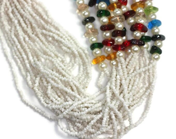 White Seed Bead Boho Necklace Faux Pearls Multi Color Beads Multi Strand Necklace Vintage