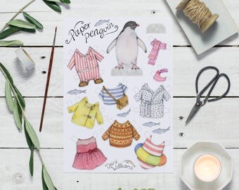 Penguin paper doll - dress up paper doll animal - penguin gift - children's activity - penguin art - hand drawn paper doll animal