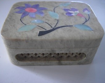 Soapstone Box with Inlaid Design and Open Carved Sides.