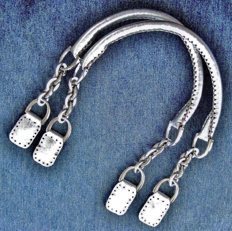 Handmade Real Leather Purse Handles Metallic Silver With Chain